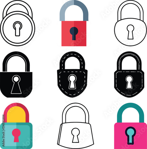 Secure Locks Collection: A collection of nine different padlocks in various colors and styles, presented in a simple, graphic design suitable for illustrating themes of security, privacy.