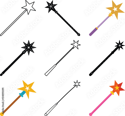 Wand Collection: A magical ensemble of wands, each designed with unique star-shaped finials and crafted with diverse handles.