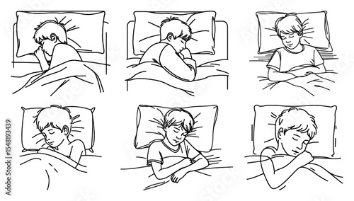 boy sleeping in bed comic style line drawing