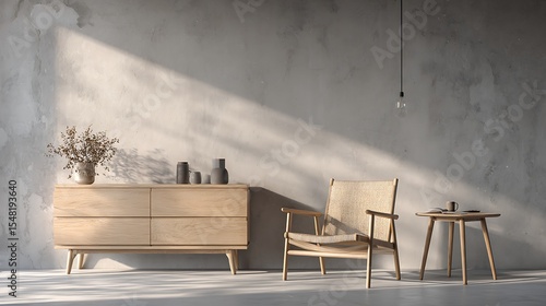 Fototapeta Naklejka Na Ścianę i Meble -  Minimalist Scandinavian interior with soft ambient lighting, concrete wall texture, wooden furniture and shadows, premium editorial style .