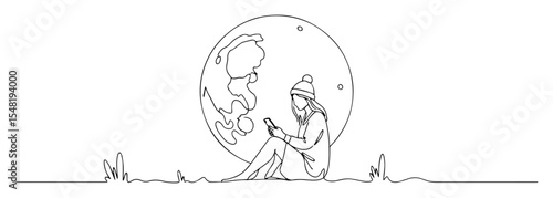person sitting under moonlight line drawing
