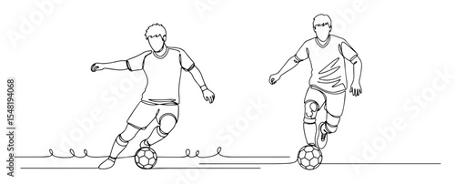 two soccer players kicking ball line drawing