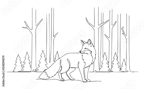 fox standing in forest line art illustration