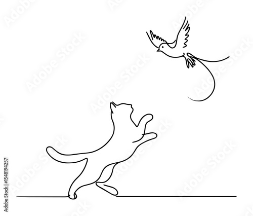 cat jumping at bird line art illustration