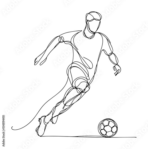 soccer player dribbling ball continuous line artwork