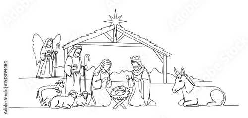 nativity scene with holy family continuous line art