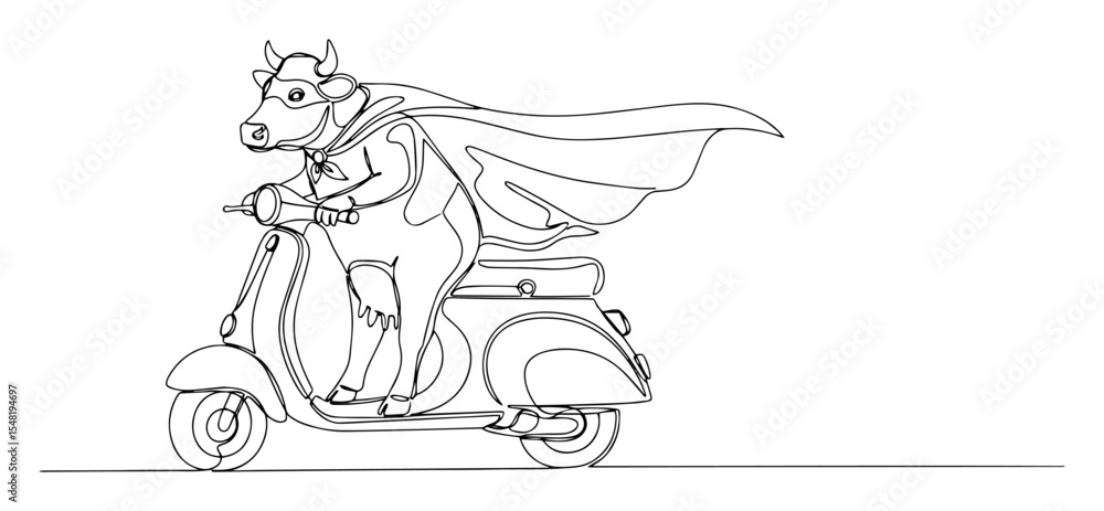 Fototapeta premium super cow riding scooter fast vector illustration made with thin line