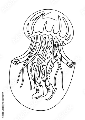 jellyfish with sneakers floating line drawing