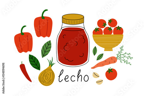 lecho Hungarian cuisine vector illustration on isolated background. Canned sauce with tomatoes, red paprika, garlic, carrot, bay leaf, hot pepper, onion. Vegetable product, autumn homemade preserves