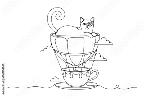 cat resting in flying teacup balloon online vector black on transparent background