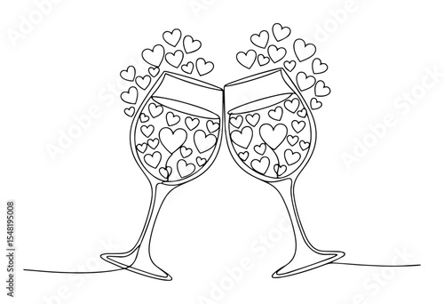 wine glasses filled with hearts clinking monoline vector laser cutting engraving
