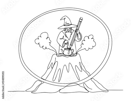 wizard erupting from volcano with pencil monoline vector laser cutting engraving