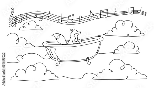 fox playing music in bathtub flying through sky monoline vector laser cutting engraving