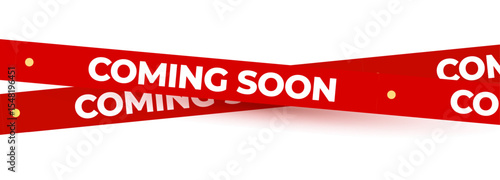 Coming Soon Red Banner Tape Stripe for shop opening, sale launch, retail notice, store ad, campaign teaser, product arrival, marketing layout. Product promotional clearance. Vector Illustration.