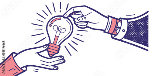 Bright Idea Transfer: An illustration depicts a light bulb being passed from one hand to another, symbolizing the sharing of knowledge and inventive solutions.