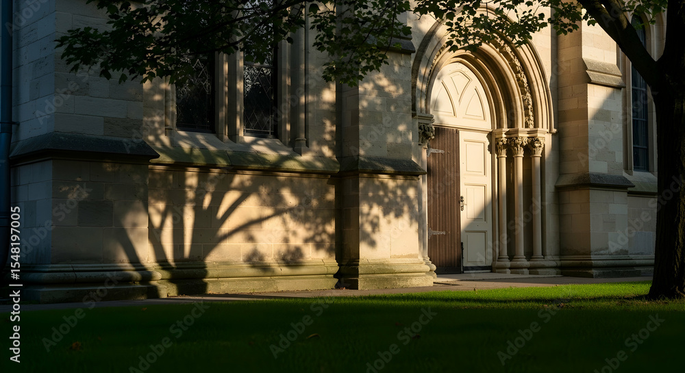 Obraz premium Sunlight Shadows on Architectural Stone Building Facade with Open Doorway