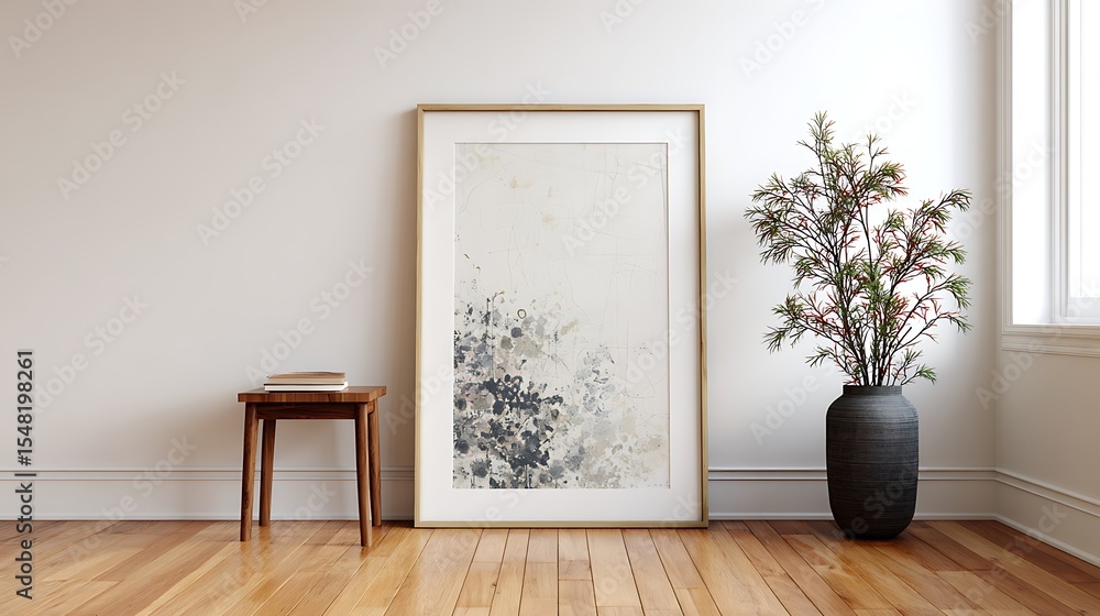 Thin white frame with abstract art leaning beside plant in modern minimalist room . Thin white frame with abstract art leaning beside plant in modern minimalist room .