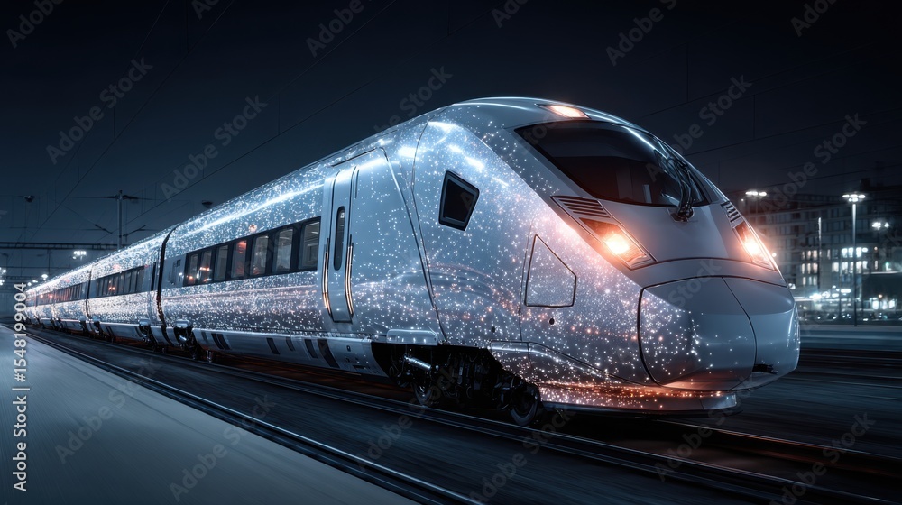 Fototapeta premium A sleek train travels along tracks at night, glowing with bright lights. The city skyline towers in the background, showcasing a vibrant metropolitan atmosphere.