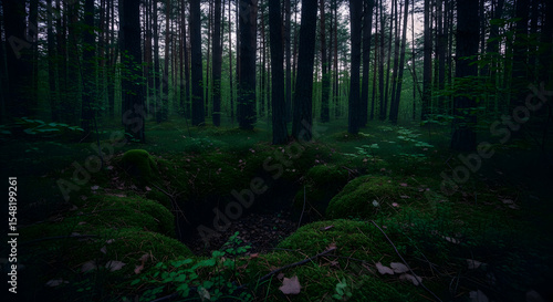 Enigmatic Woodlands Depicting Dense Evergreen Forest and Mossy Undergrowth