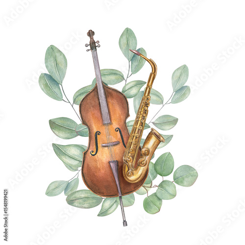 Canvas Print Double bass, and saxophone with eucalyptus branches watercolor illustration isolated background