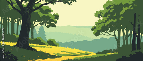 Beautiful Forest Landscape with Distant Mountain View