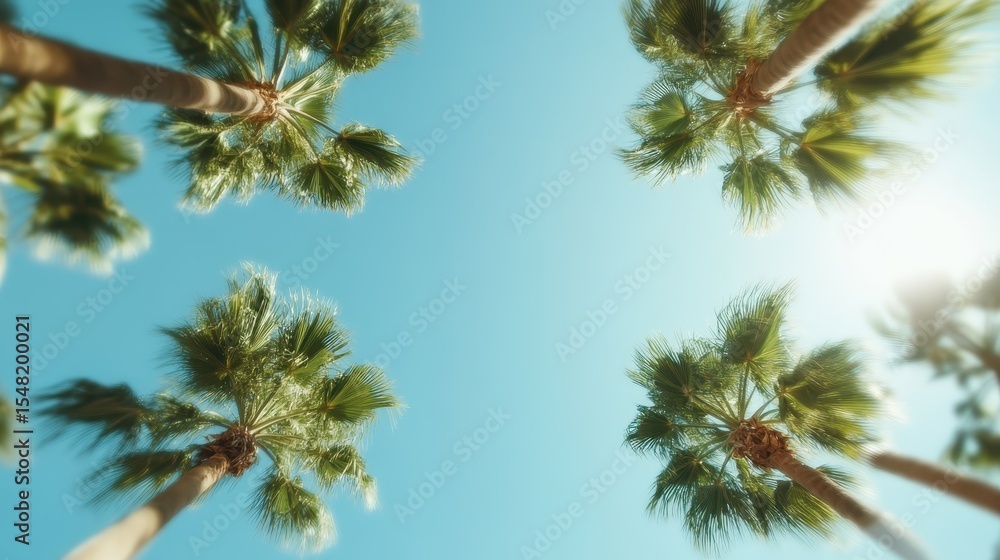 A picturesque view of palm trees reaching upwards into a clear blue sky, evoking a feeling of tranquility and warmth, perfect for summer vibes and tropical settings. A picturesque view of palm trees reaching upwards into a clear blue sky, evoking a feeling of tranquility and warmth, perfect for summer vibes and tropical settings.