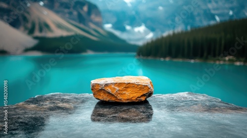 A solitary orange rock placed on a reflective surface by a serene lake, surrounded by breathtaking mountain scenery, invoking feelings of tranquility and connection to nature.