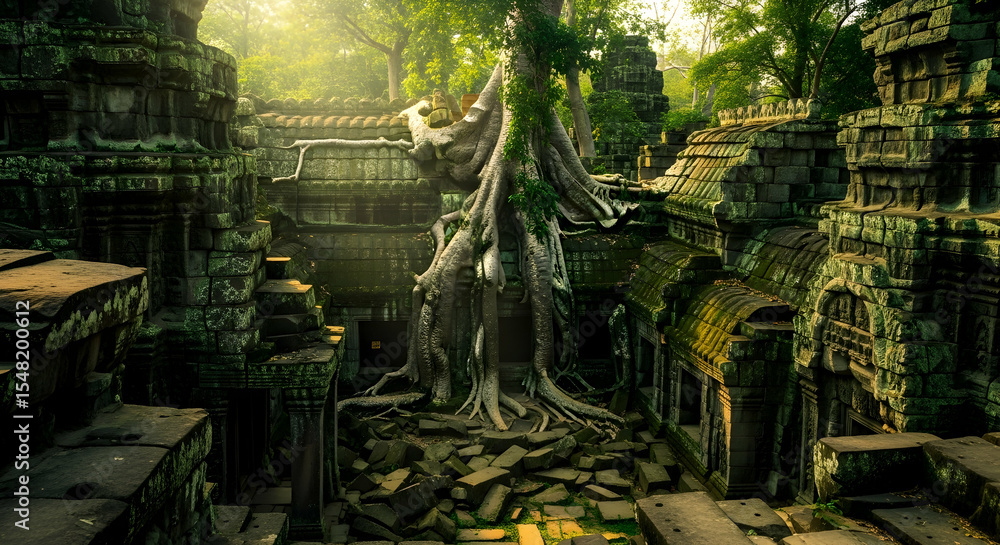 Fototapeta premium Ancient Temple Complex Intertwined With Nature's Embrace In Southeast Asia