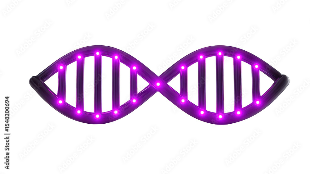 Fototapeta premium Glowing purple DNA helix with illuminated nodes represents genetic science and biotechnology. vibrant colors and futuristic design evoke innovation and research in molecular biology