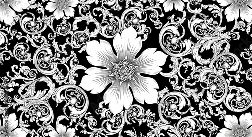 Ornamental Elegance Black and White Floral Baroque Pattern Design