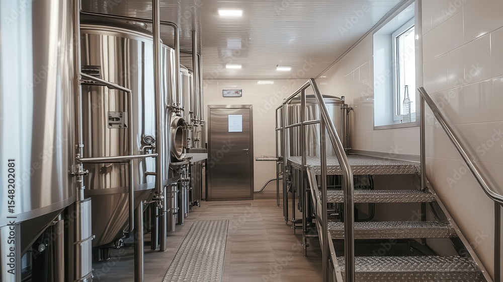 Obraz premium An inviting interior of a modern brewery, showcasing large brewing equipment and bright lighting, illustrating the craftsmanship and innovation in beer production.