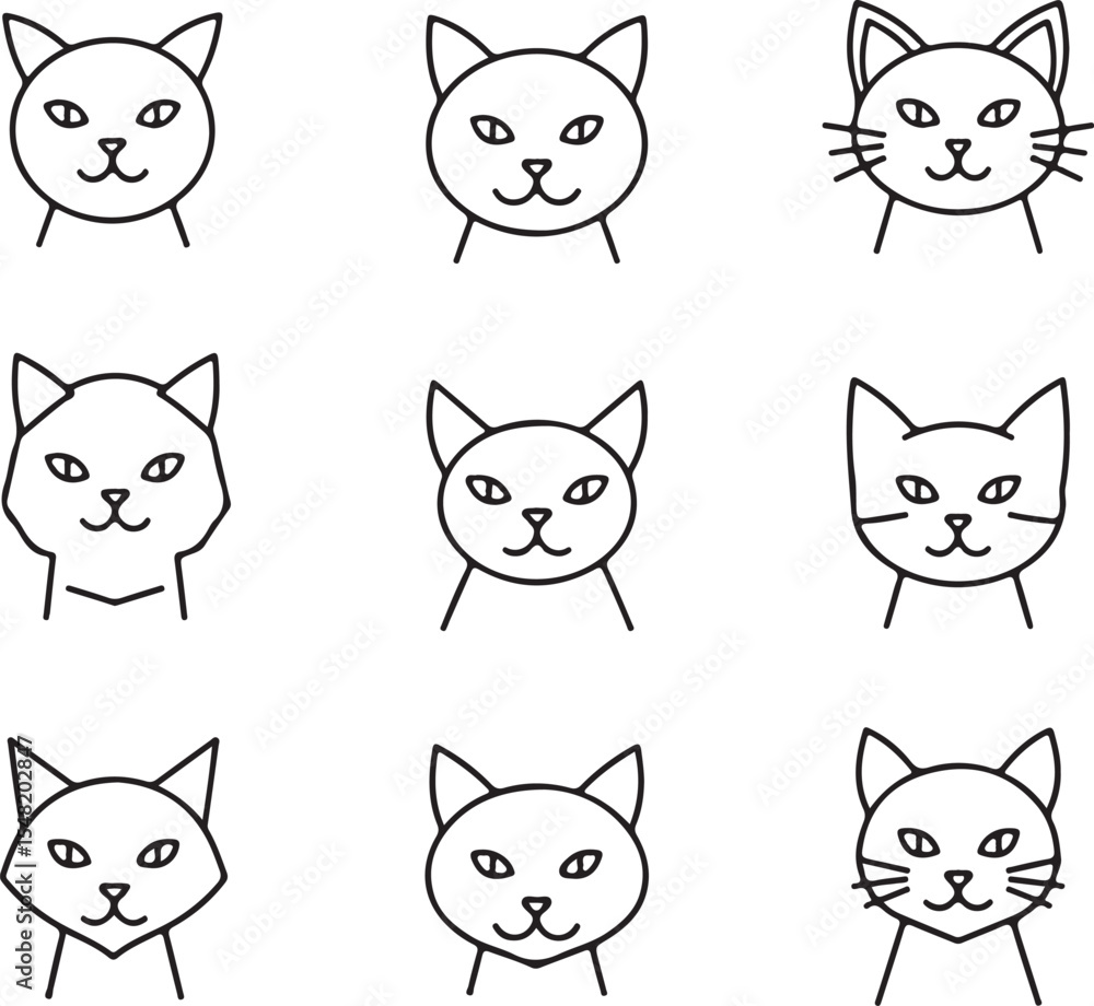 Fototapeta premium Nine Pixel Art Cat Faces: A Collection of Simple Feline Illustrations