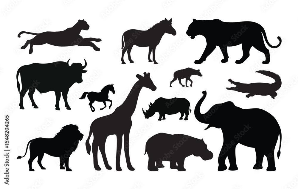 Fototapeta premium Wild animal silhouette set , safari animal collection . African animals group vector silhouette illustration isolated on white background. Elephant, giraffe, alligator, lion, Cheetah, Hippo etc.