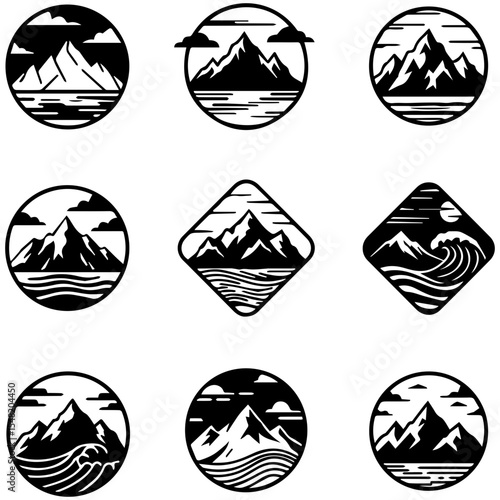 A masterclass in negative space, nine mountain logos where absence defines the form