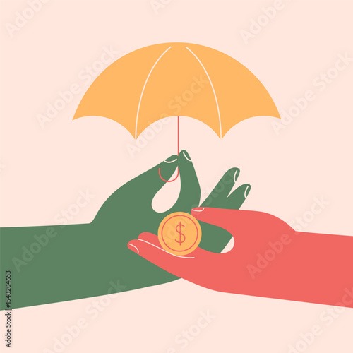 Financial Insurance, money saving.capital protection, security. Hand with open umbrella guarding hand with coin. Vector illustration
