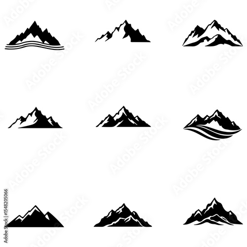 A curated set of nine compact and stylish mountain logos presented in a clean and organized vector artboard