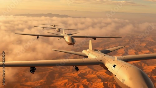 Combat drones in battle formation over the desert.