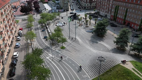 Aerial view of Superkilen Park, a public park located in the Nørrebro district of Copenhagen, Denmark. 