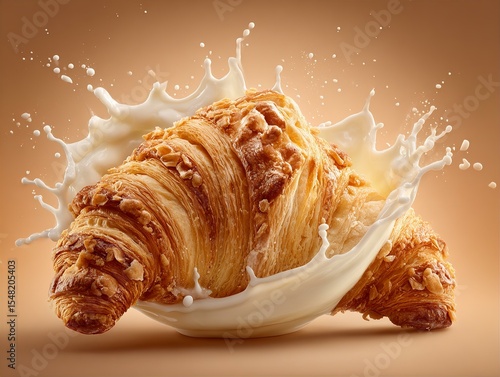 Delicious Golden Croissant in Milk Splash: Gourmet Pastry Photography, Baked Goods, Breakfast Food, French Cuisine