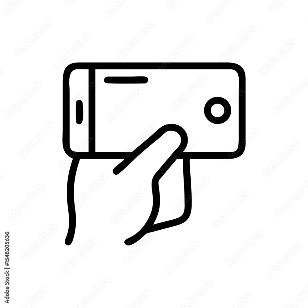 Fototapeta premium Hand holding smartphone for taking selfie in minimalist style 
