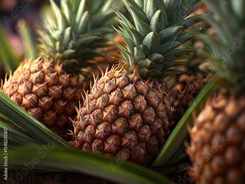 Juicy Fresh Pineapples Close Up: Vibrant Tropical Fruit Market Photo, Delicious Summer Produce