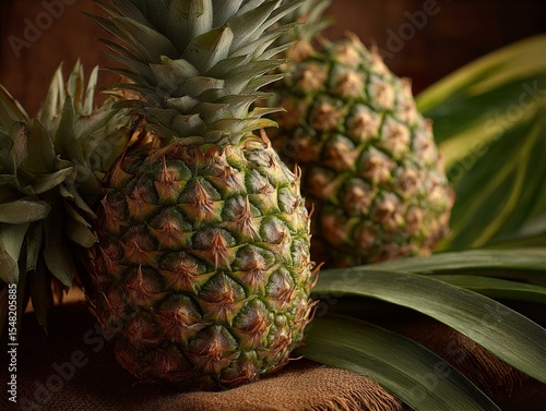 Two Ripe Pineapples on Rustic Burlap with Lush Green Leaves Dark Moody Food Photography Still Life