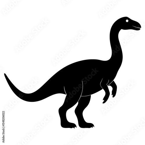 A long necked dinosaur silhouette is isolated on white background