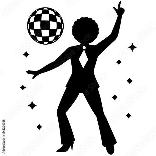 A disco dancer silhouette poses with a disco ball isolated on white background