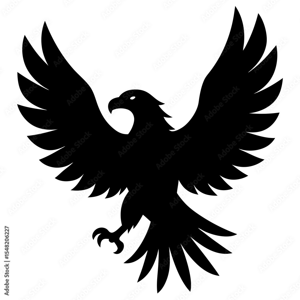 Obraz premium A black silhouette of an eagle with wings spread wide, isolated on white background