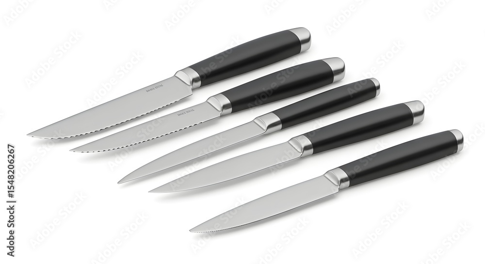 Fototapeta premium Set of Four Modern Steak Knives with Black Handles - Professional Cutlery for Home or Restaurant