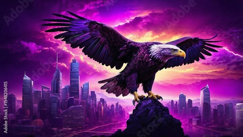 Silhouette Eagle Soars Above Neon City