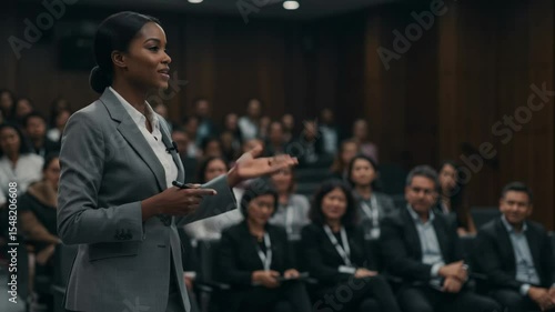 Black woman confidently giving a presentation to a diverse audience at a conference.
