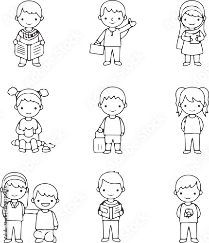 Nine Simple Line Drawings of Children: Diverse Poses and Activities