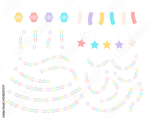 Tanabata Festival paper decorations collection, tanzaku, star, lantern, chain, isolated on transparent. Flat vector illustration. Traditional Japanese summer holiday design elements, clip art set